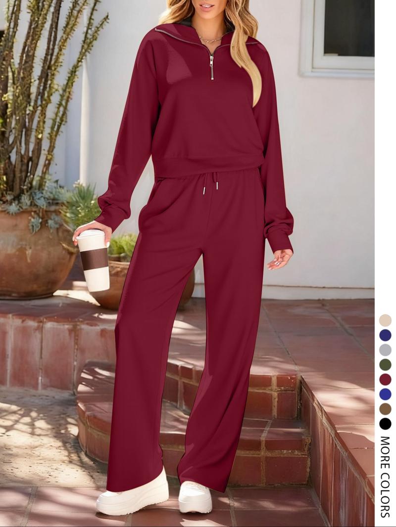 Pure Color Half-Zip Shoulder Pad Sporty Top Long Pants Set, Sweatsuit Set, Casual Loose-Fitting Fall, Regular Length Plain Design