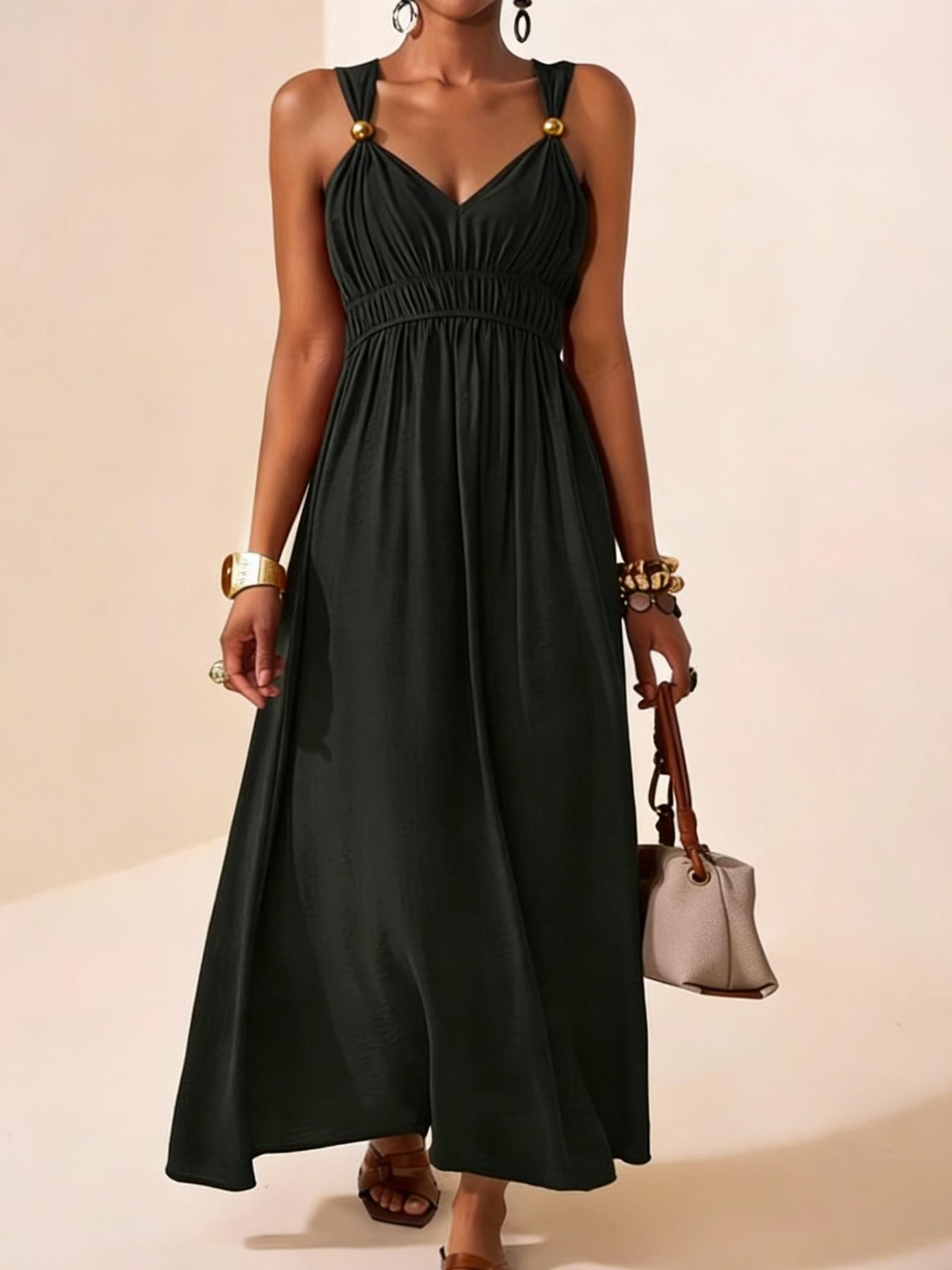 Women's Thin Strap Sleeveless Deep V Long A-Line Dress, 2026 Summer New Minimalist Elegant Chic, Perfect for Parties, Events and Evening Formal Wear