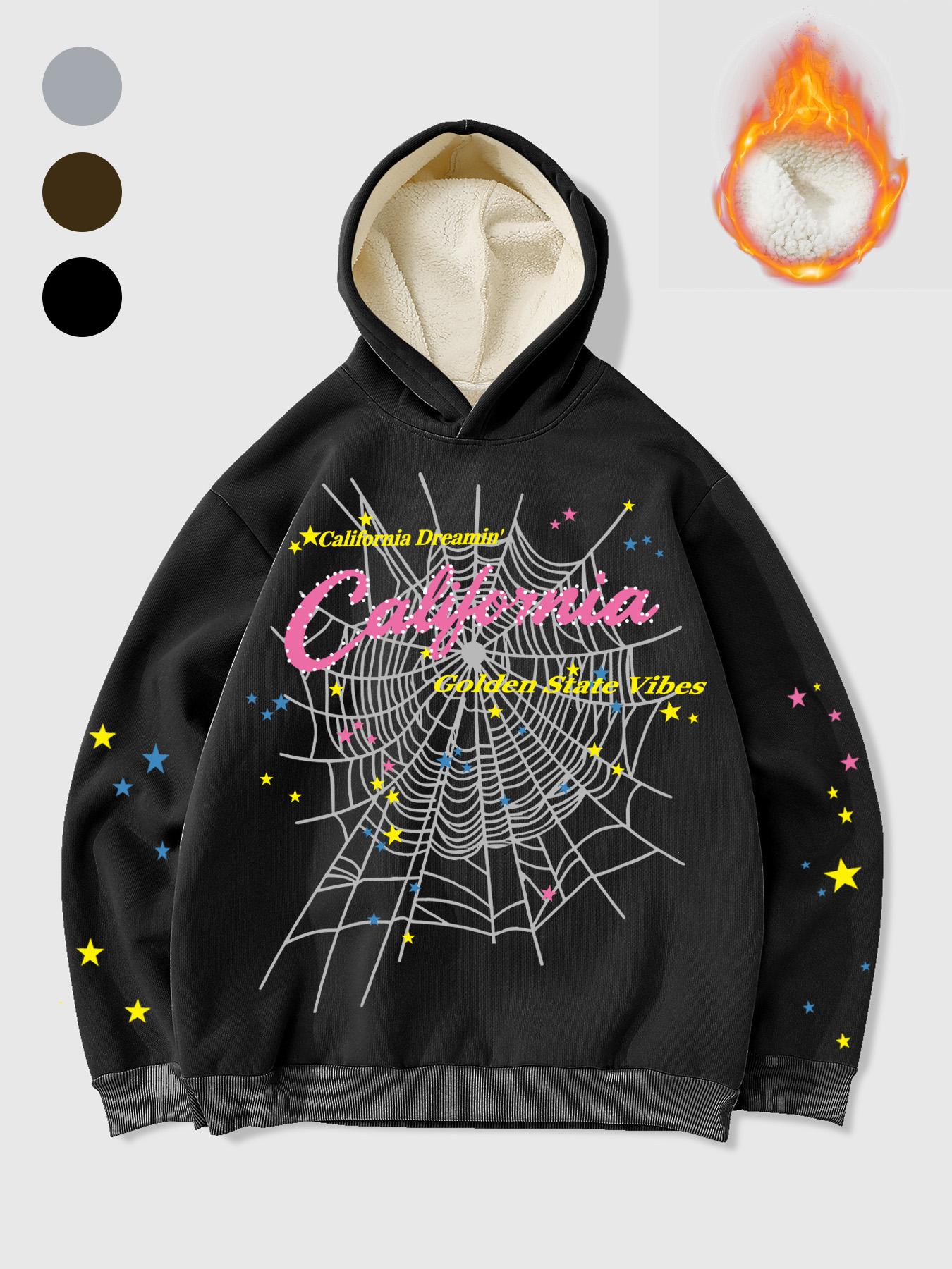 Men's Hooded Sweatshirt, Spider Web Pattern, Letter Print, Colorful Stars, Street Punk Style, Casual Fitted, Fall & Winter, Graphic Hoodie