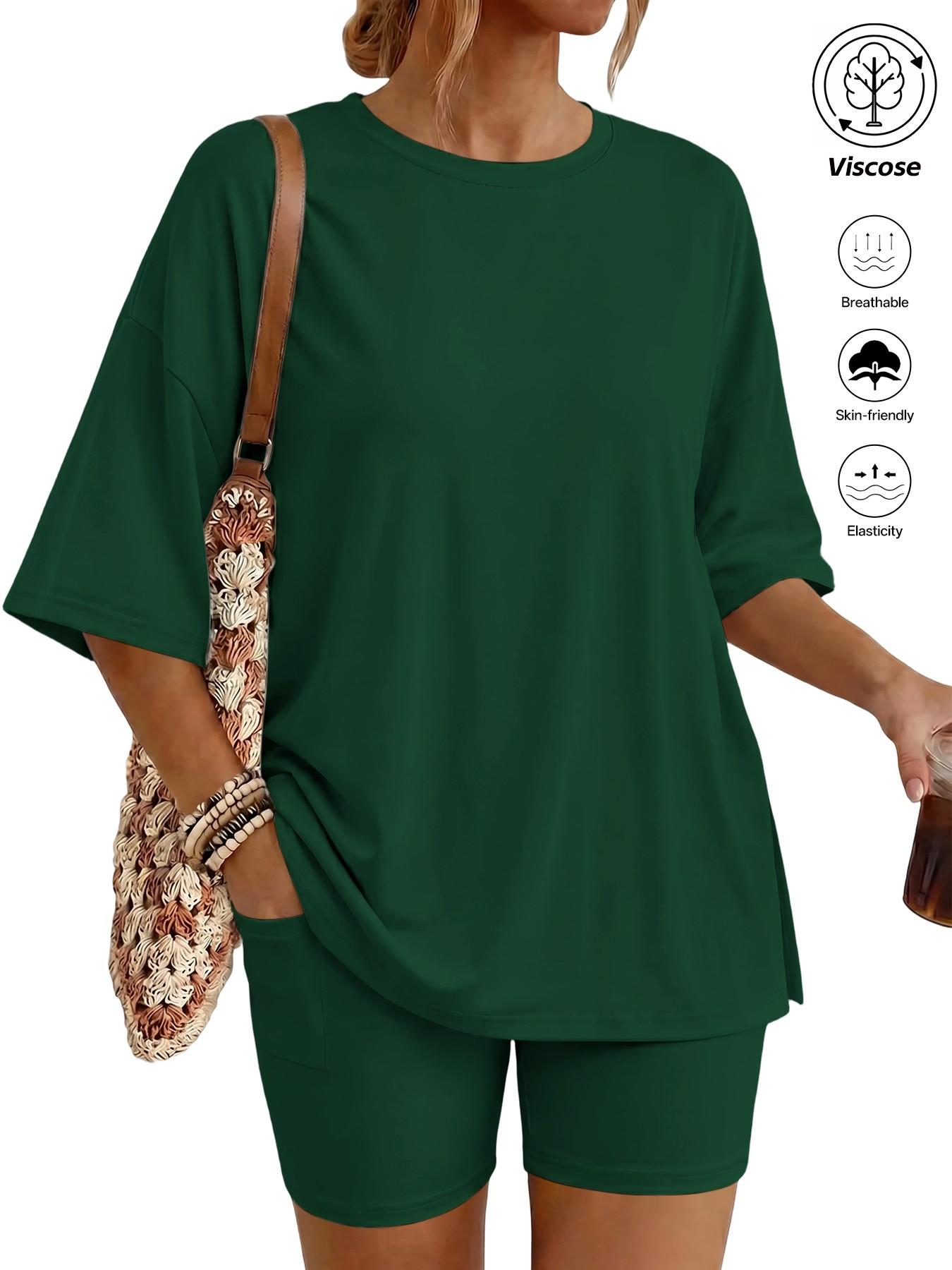 Women's Two Piece Lounge Set Matching, 2026 Summer Casual Basic Oversized Shirts & Biker Shorts, Fitted Plain Design, Perfect for Airport Travel Womenswear Clothes