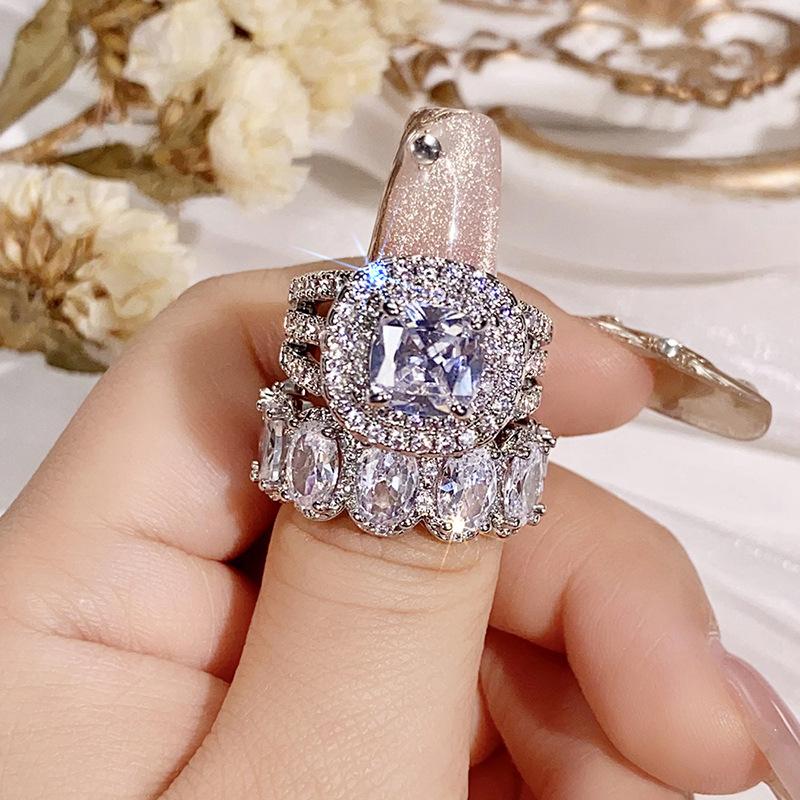 Luxury Emerald Ring Set | Square Geometric Oval Full Eternity Band | High-End Fashion Jewelry