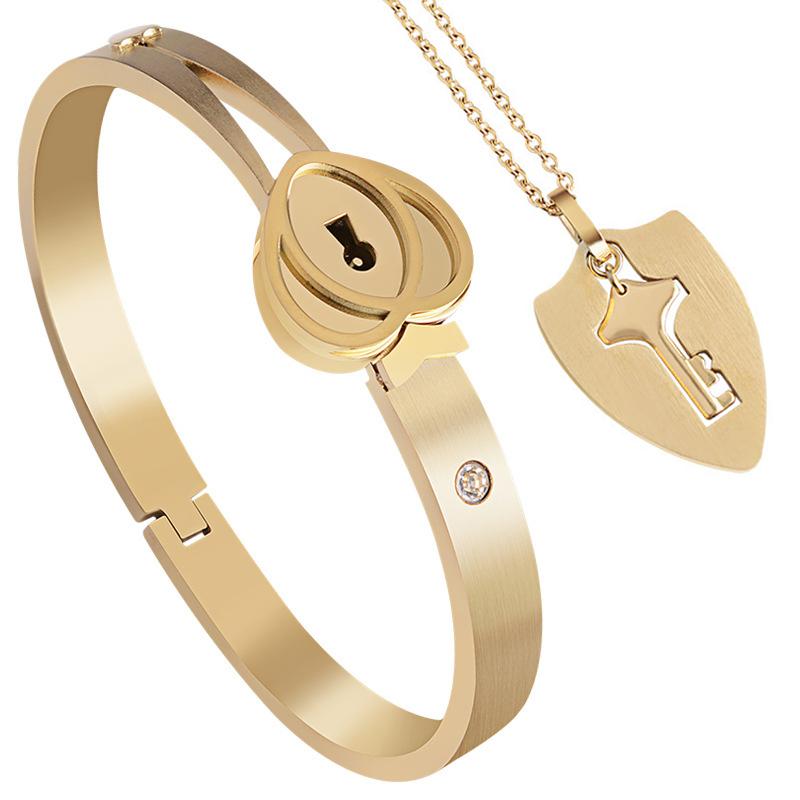 AS022 Couple Bracelet Necklace Set Key Necklace Lock Bracelet Holiday Birthday Gift Valantine Day Golden Silver Black Color