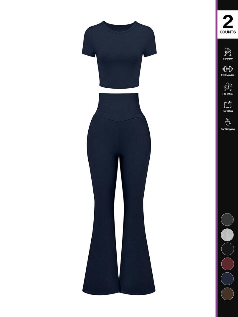 Women's Solid Loungewear Set, Casual Short Sleeve Crop Top & High Waist Flare Leg Pants, Ladies Sleepwear for All Seasons, Pajama Set