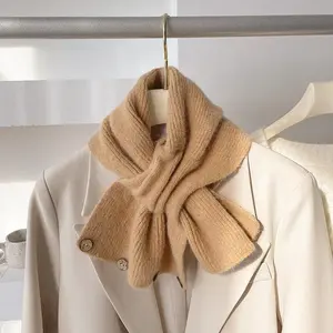 Autumn and Winter Cross Knitted Scarf Short Women's Scarf Korean Edition Color blocked Scarf Winter Warm Button Neck Cover