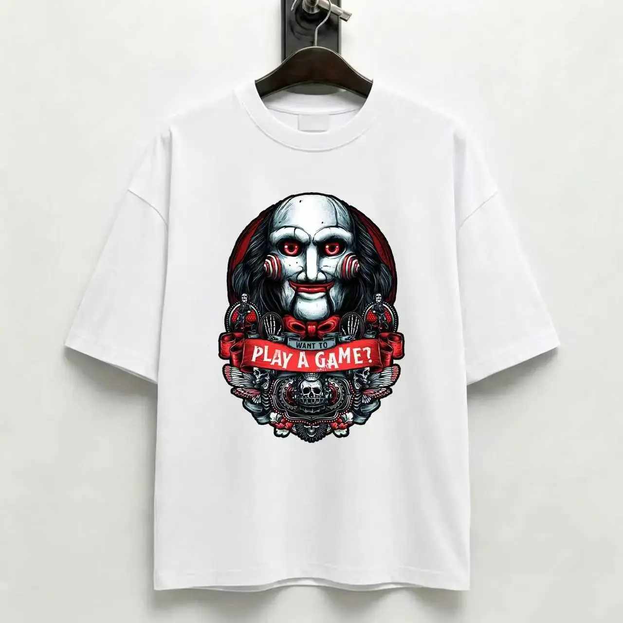 Saw Billy Puppet "Want To Play A Game?" Graphic T-Shirt｜Classic Horror Movie Billy The Puppet Tee, Vintage Horror Print Shirt, Halloween Outfit For Horror Fans