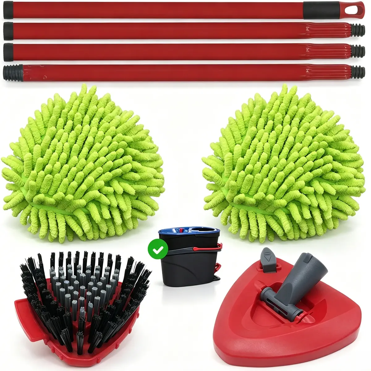 4/6-Piece Mop Replacement Kit Compatible with O-Cedar RinseClean 2-Tank & Vileda Spin Mop — 61.8" Extendable Handle, Triangular Base, 2 Chenille Heads & Scrub Brush, Lint-Free, Machine Washable