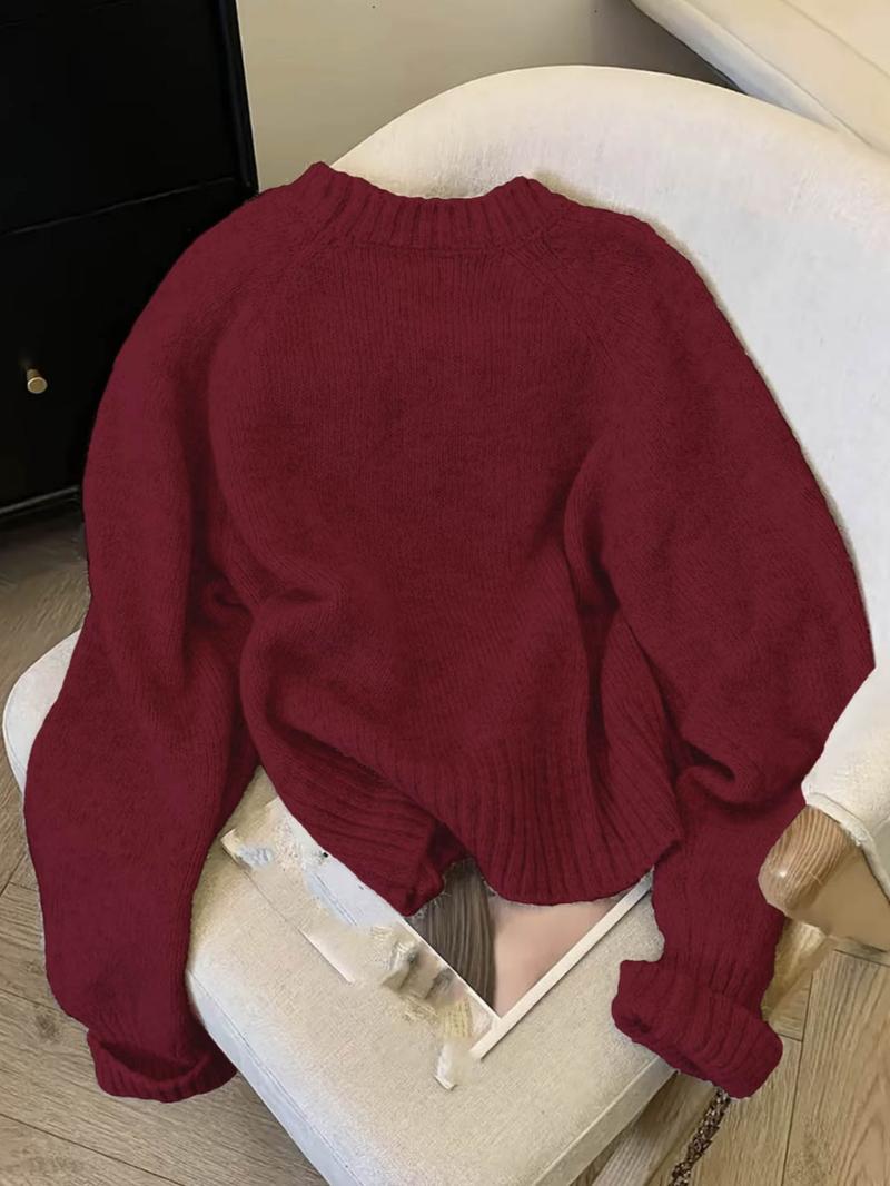 Elegant Women's Loose Bow Embroidered Moire Sweater, Casual Round Neck Long Sleeve Knitwear, Spring & Fall Fashion