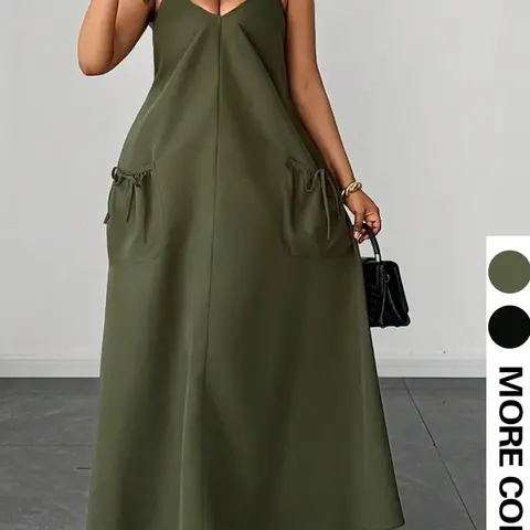 Plus Size Women's Summer Casual Wear Loose Fit Long Dress, V-Neck Pocket Thin Straps Sleeveless Maxi Dress, Casual Beach Sundress for Beach & Brunch