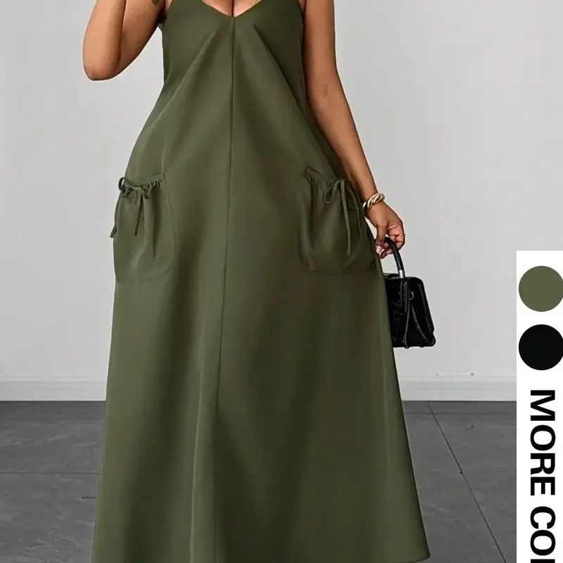 Plus Size Women's Summer Casual Wear Loose Fit Long Dress, V-Neck Pocket Thin Straps Sleeveless Maxi Dress, Casual Beach Sundress for Beach & Brunch