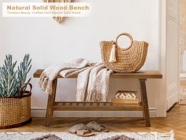 PieDle Furniture 2-Tiers Solid Wood Bench-43.3" Farmhouse Entryway Bench with Storage Shelf, Narrow Rustic Bench for Hallway, Kitchen, Bedroom, Dining