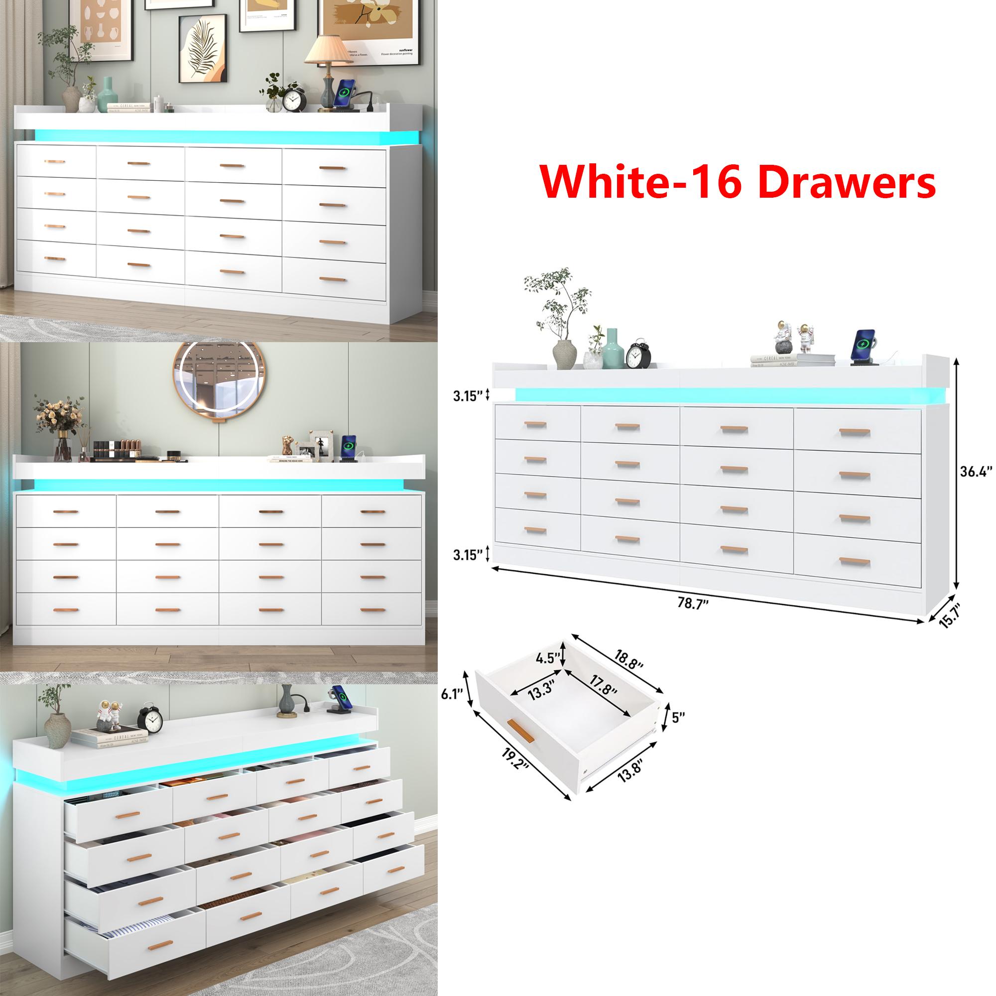 Dresser with LED Light, Modern Chest of Drawers for Closet, Wide Drawer Organizer Cabinet for Bedroom, Living Room, Entryway, Hallway, White/Black