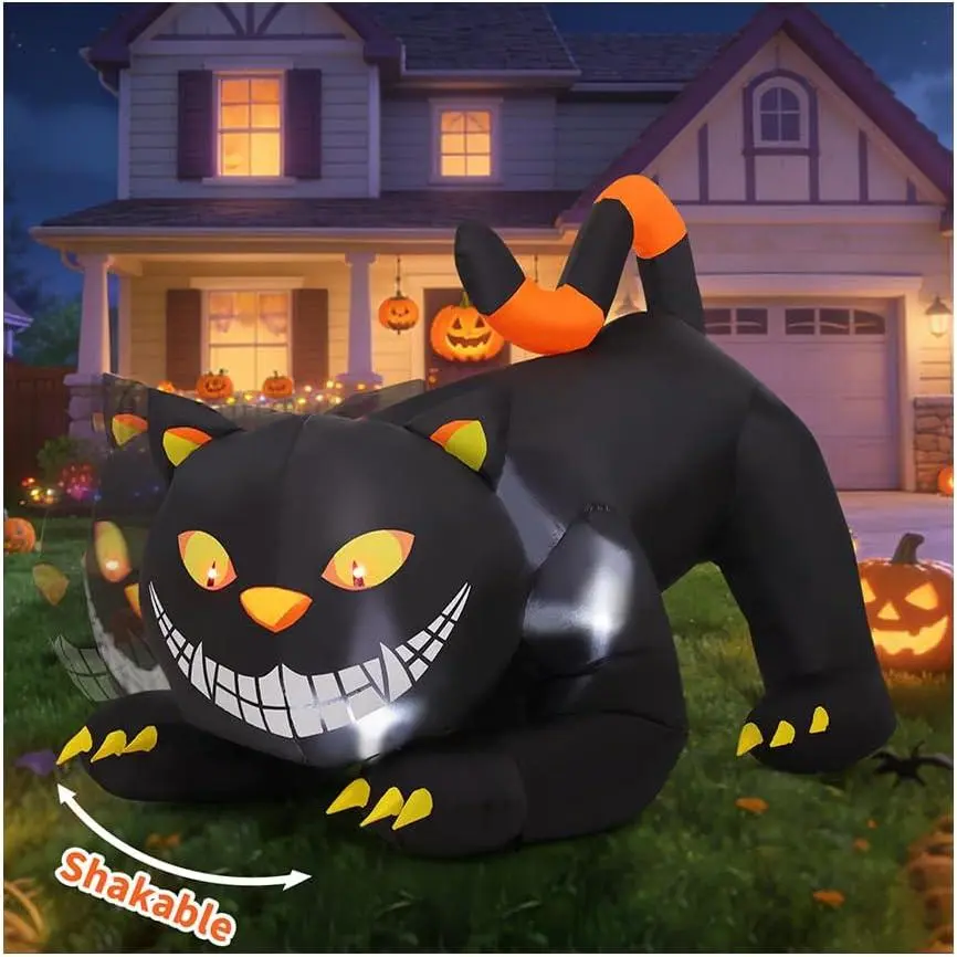 6 FT Halloween Inflatables Outdoor Black Cat with Shakable Head, Blow Up Yard Decoration with LED Lights Built-in for Holiday/Party/Yard/Garden