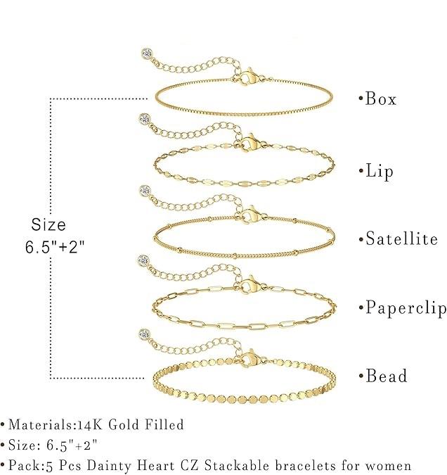 Tewiky 14K Gold Plated Copper Bracelet Set - Dainty 14K/Silver Bracelets, Waterproof, Trendy Minimalist, Small Thin Bracelets for Women, Gift, For Valentine's Day gifts