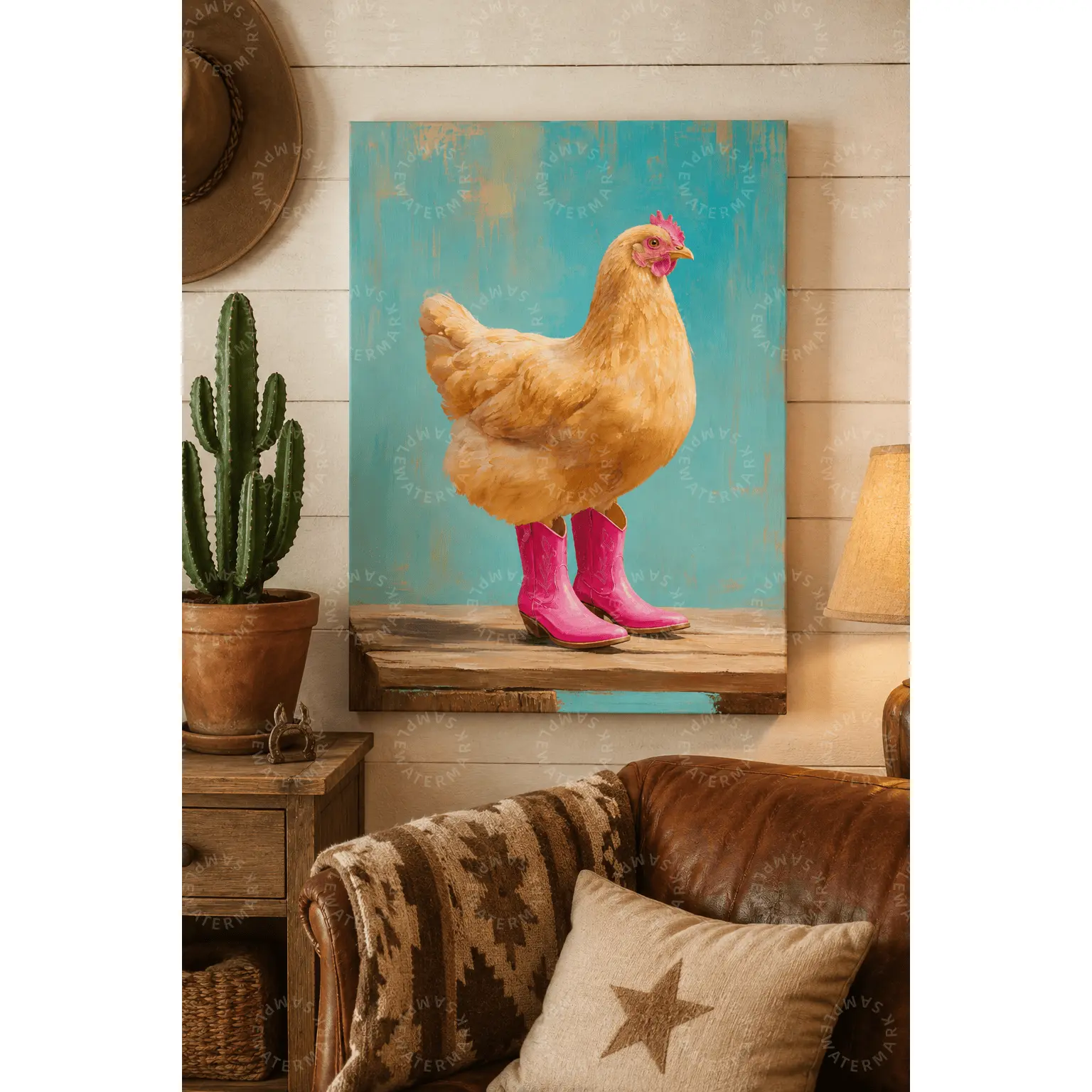 Funny Chicken in Pink Cowboy Boots Aesthetic Poster, Turquoise Rustic Farm Animal Wall Art, Living Room Bedroom Office Wall Decor, Teen Room Decor, Quirky Western Farmhouse Art Print, Home Decor Gift