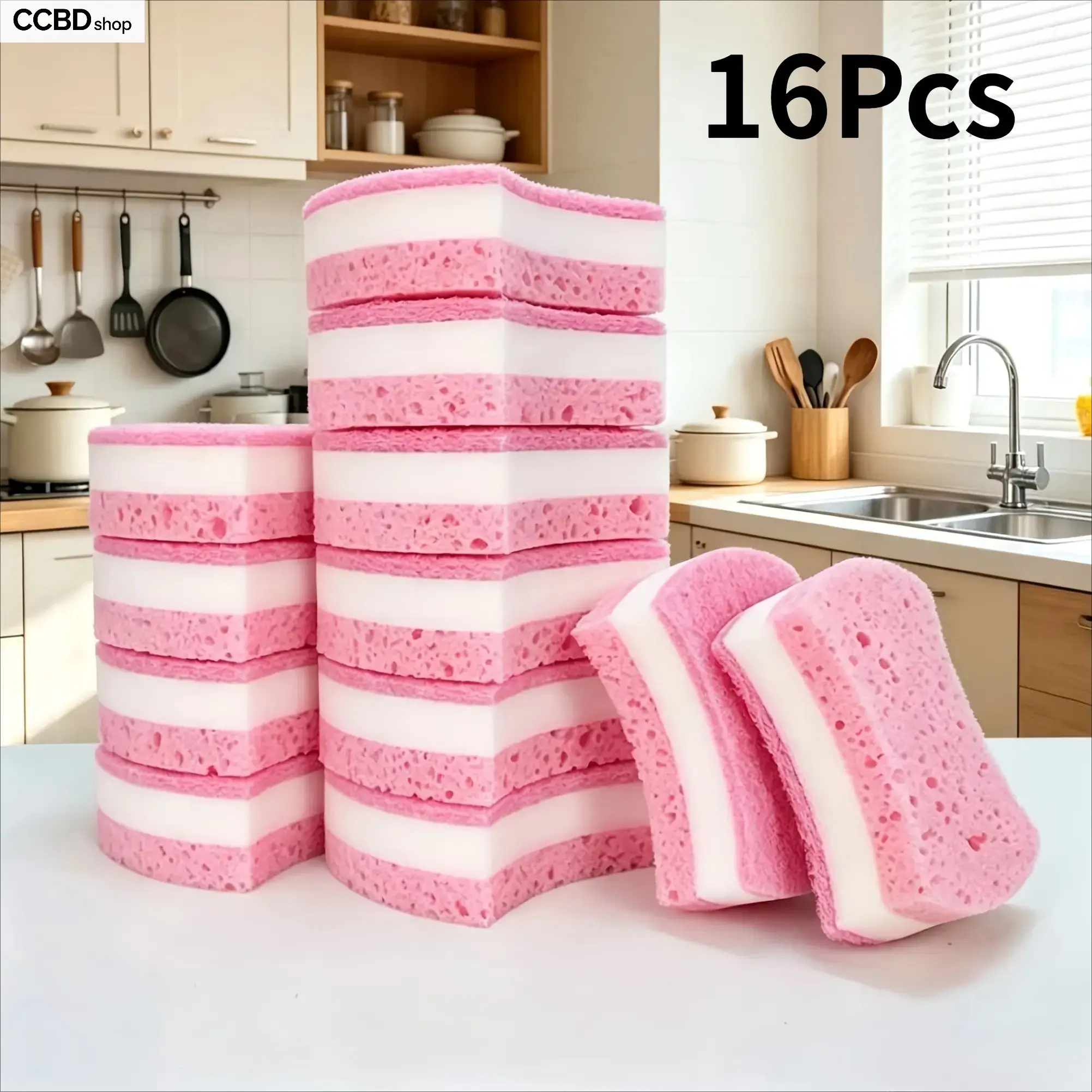 16 Pack Pink Kitchen Cleaning Sponges Large Thick Scrub Pads Double Sided Dish Sponge High Absorbent Multipurpose Cleaning Tools for Kitchen Bathroom Glass Countertop