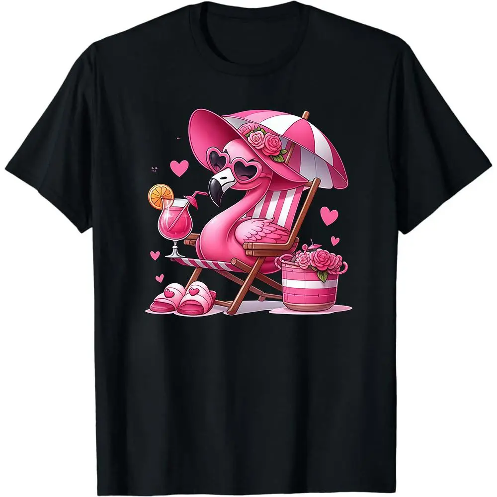 Pink Flamingo Summer Shirt, Cute Beach Flamingo Graphic Tee, Tropical Vacation Shirt for Women, Funny Relax Flamingo Drinking Shirt for Her