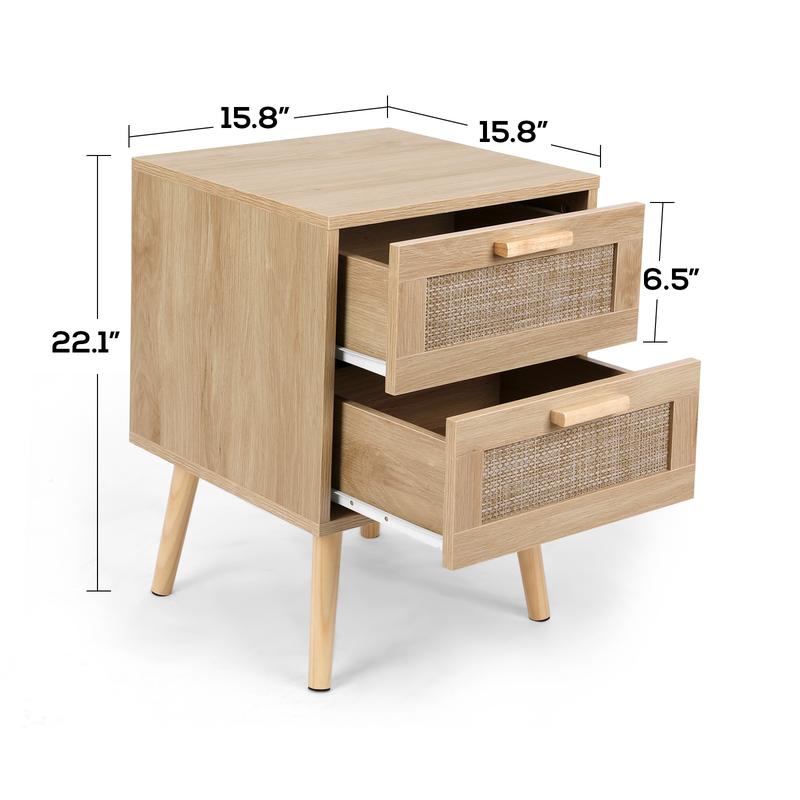 VOWNER  2PCS Rattan Nightstand, End Table with 2 Drawers and Solid Wood Legs, Side Table with Storage for Bedroom, Easy Assembly Night Stand for Kids Room