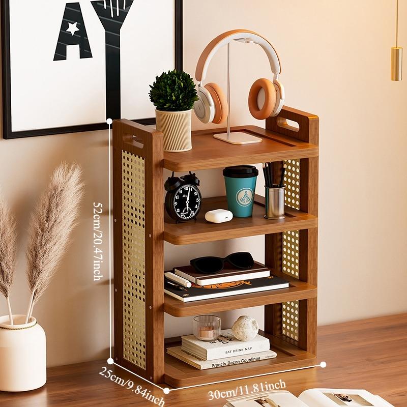 1pc Bamboo Desktop Organizer, Woven Style Bookshelf, Handheld Figure Display Rack, Cosmetic Holder, Cup Storage, Living Room Kitchen Use