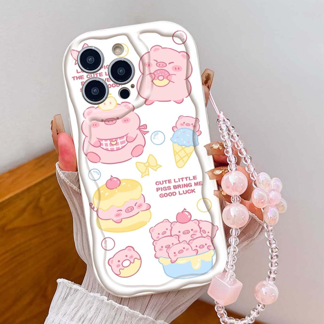 Cute Pig Pattern Tpu Phone Case with Lanyard, Shockproof Wave Edge Design, Compatible with Apple Models 11-17 Pro Max, Perfect Gift for Girls