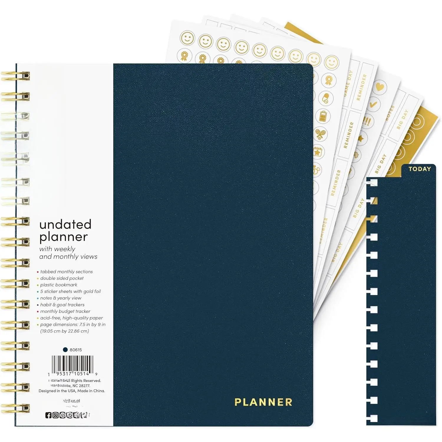 Undated 12-Month Weekly & Monthly Planner (7.5x9 in) - Plastic Cover, Spiral Binding, Flat Lay-Flat Design, Note Pages, Goals & Budget Trackers, Sticker Set, Bookmark, School Office Organiser (Navy)