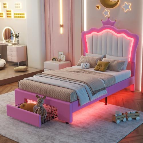 [Bellewave] Twin/Full/ size upholstery bed frame with LED lights, modern upholstery princess bed with Crown headboard, Pink + White