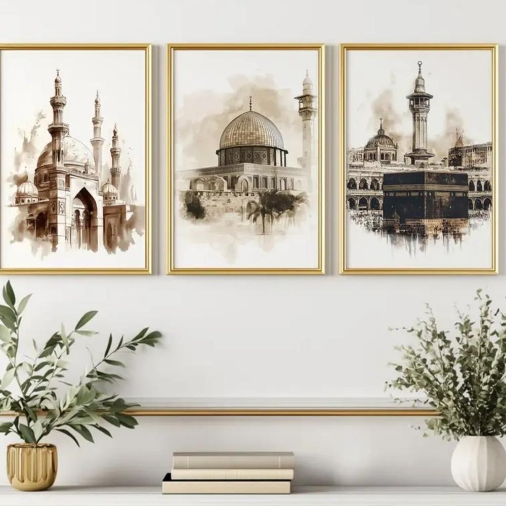 3pcs Frameless Muslim Jerusalem Mecca Medina Mosque Wall Art Print Canvas Poster, Living Room Decoration, Watercolor Painting