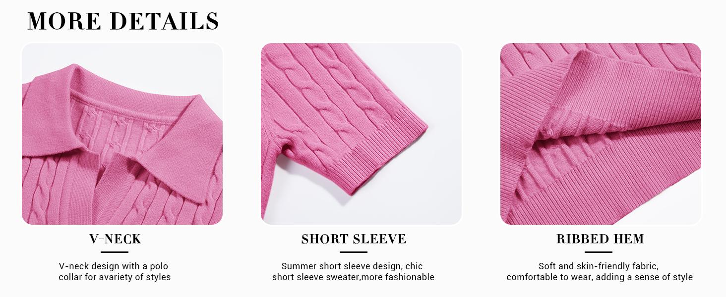 Goranbon Women's Cable Short Sleeve Sweaters Tops Solid Lapel V Neck Knit Casual Soft Pullover Shirt