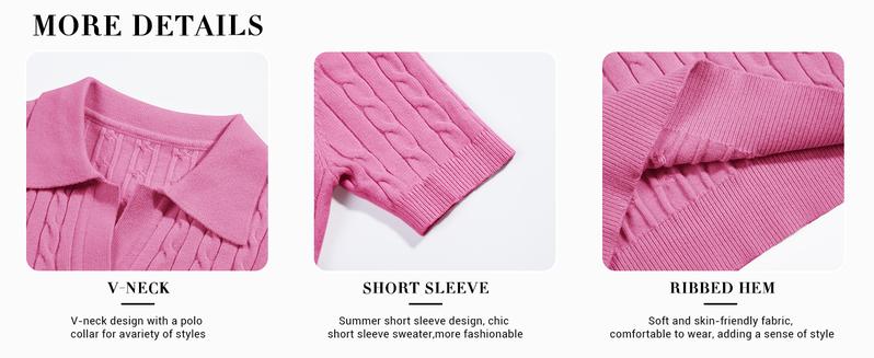 Goranbon Women's Cable Short Sleeve Sweaters Tops Solid Lapel V Neck Knit Casual Soft Pullover Shirt