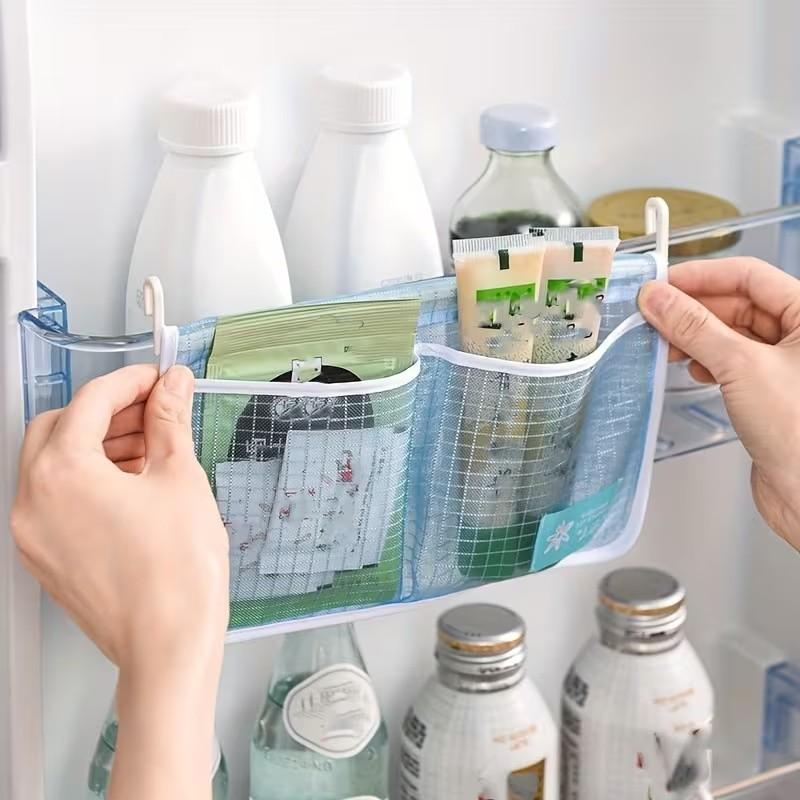 2 Pcs Refrigerator Storage Net Bags, Hanging Kitchen Organizer Pouches, Dual Compartment Fridge Storage Bags, Home Sorting Containers
