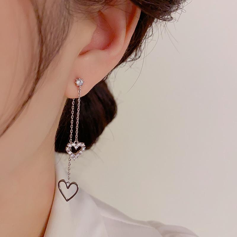 Exquisite minimalist light luxury micro-inlaid heart-shaped hollow tassel earrings for women, fashionable and elegant long earrings that give a slimming appearance E50216-EH