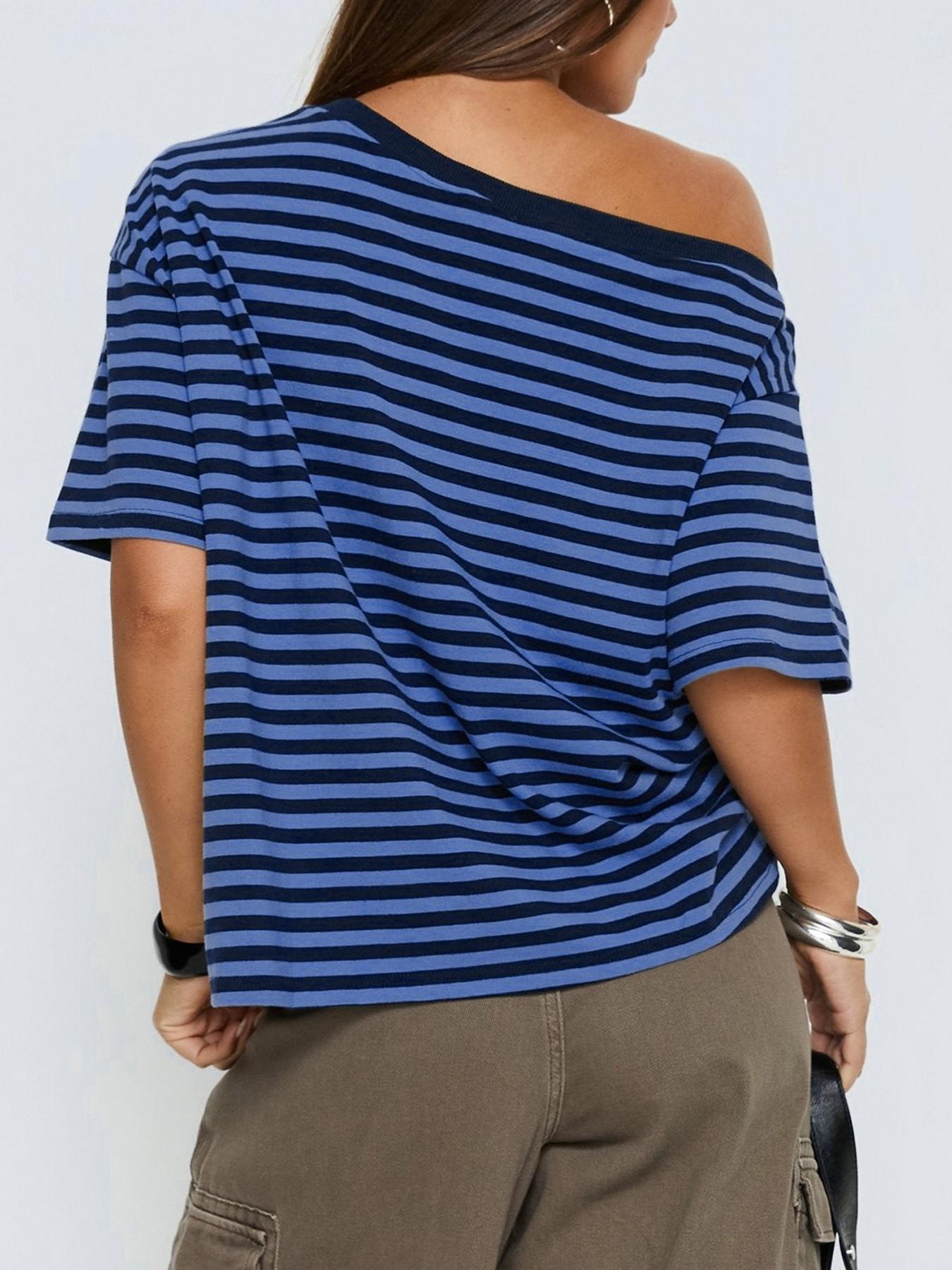 Women's Striped Off-Shoulder T-Shirt, Lightweight Casual Loose Fit Top, Comfortable Daily Wear, Trendy Summer Fashion