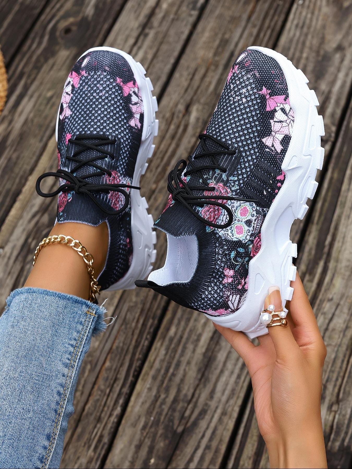 Women's Fashionable Floral Print Lace Up Low Top Sneakers, 2024 New Style Casual Comfortable Breathable Sports Running Shoes, All-match Basic Shoes for Daily Wear