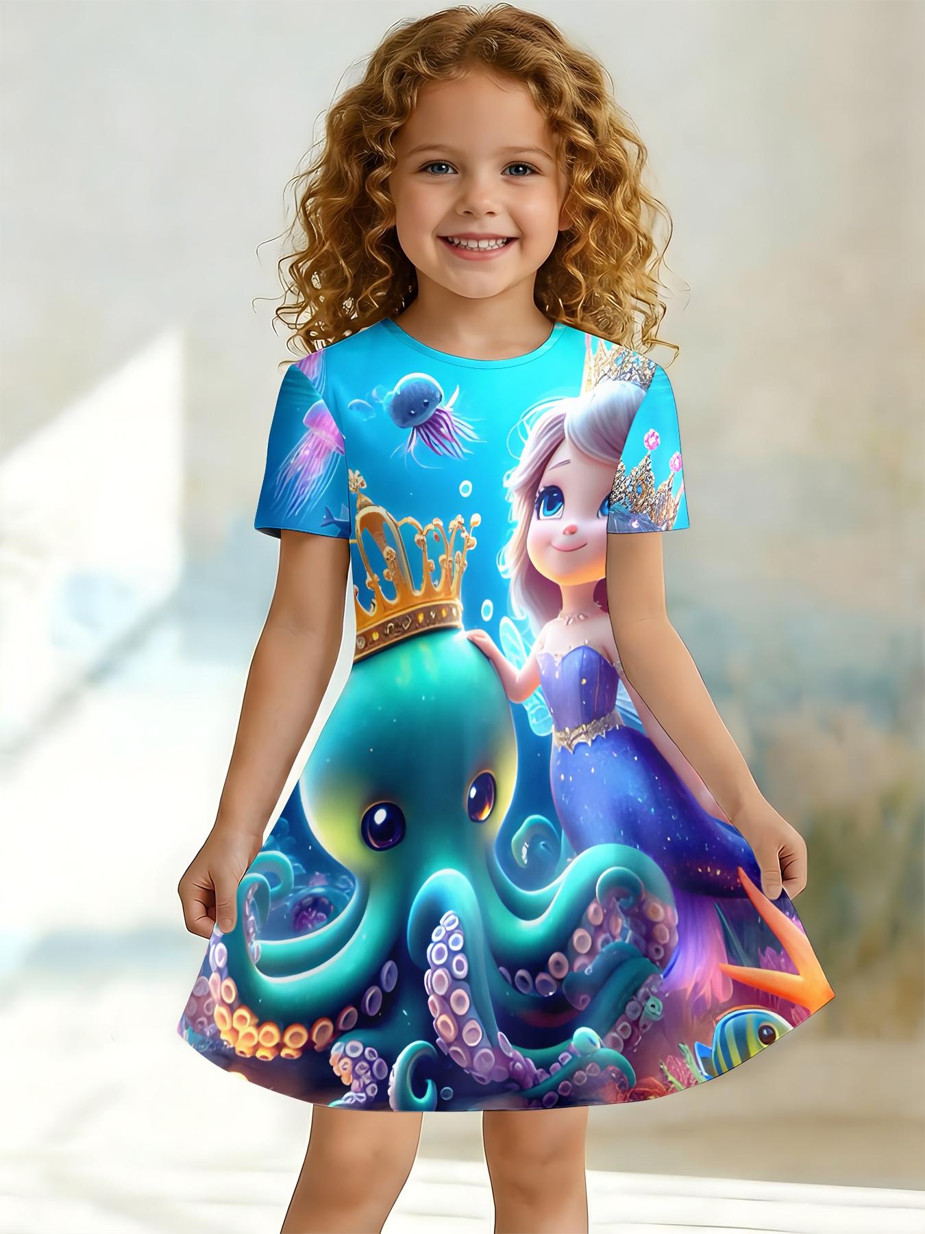 Girls Summer Mermaid Octopus Print Dress, Kids Underwater World Crew Neck Short Sleeve A-Line Dress
