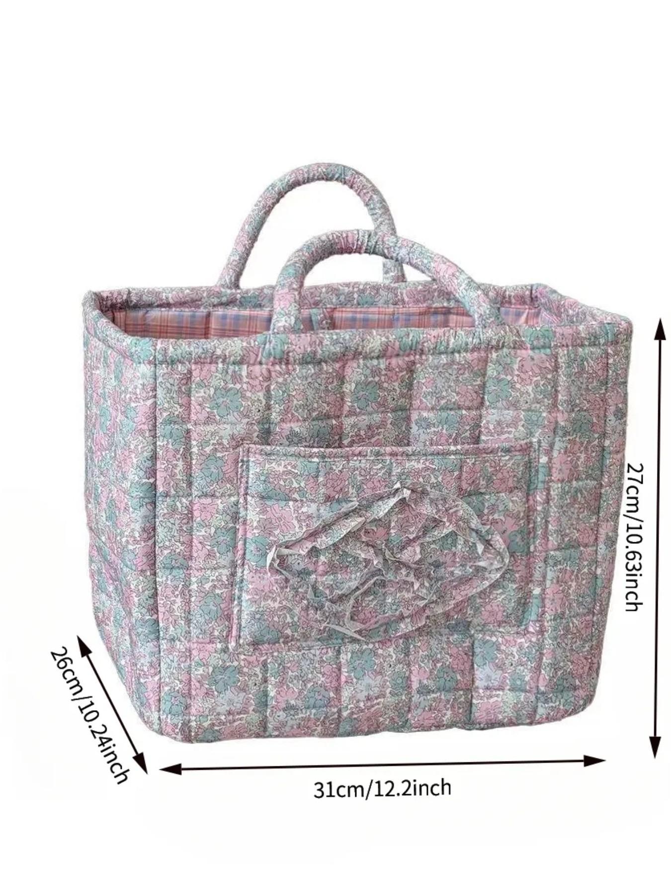 Large capacity floral quilted storage basket with plaid lining and multi-purpose organizer to store makeup, toiletries and daily essentials, perfect for bedrooms, bathrooms, offices and travel