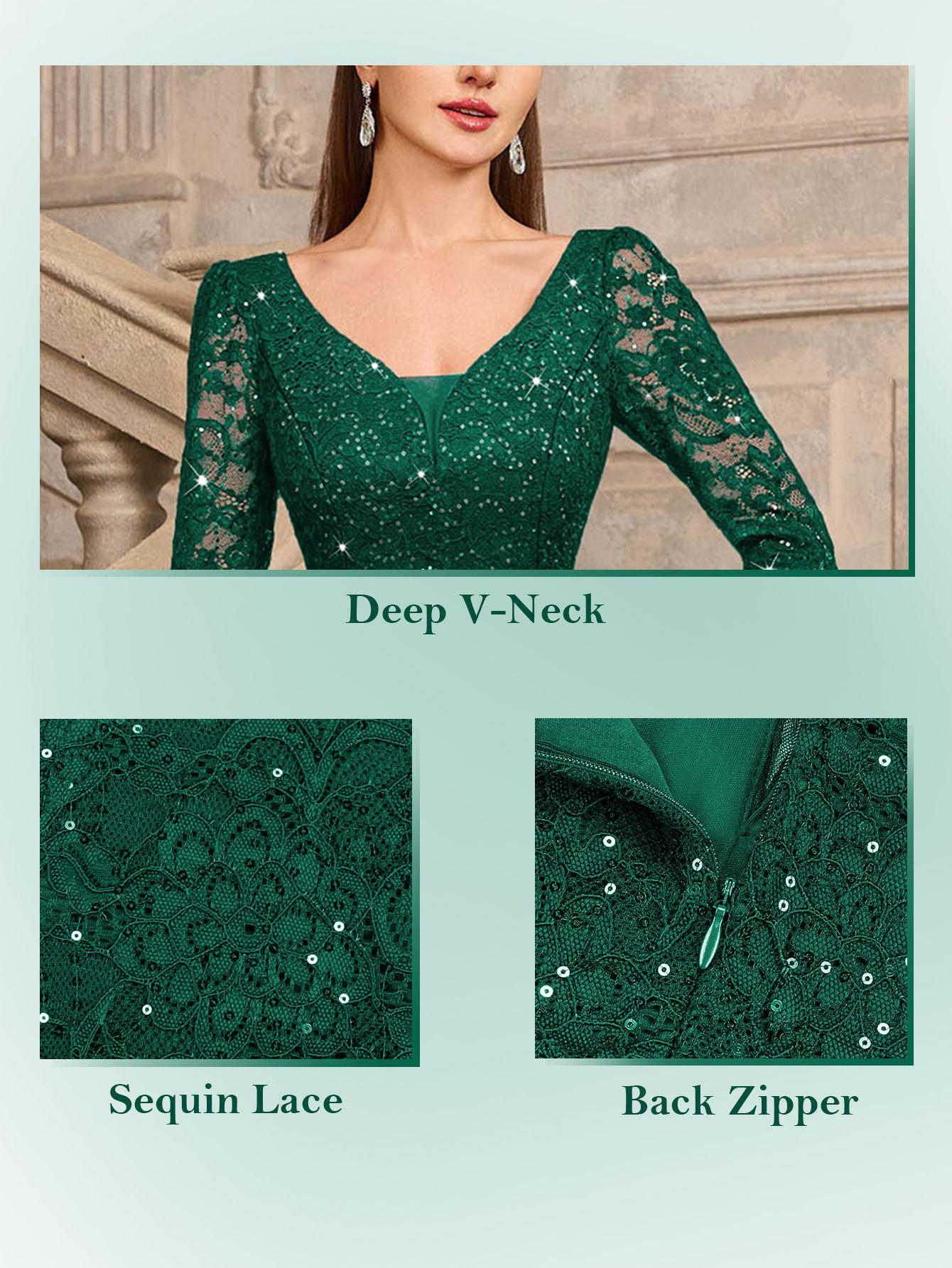 MIUSOL 24459A Sequin Floral Lace Deep V-Neck Long Sleeve Mesh Maxi Mermaid Hem Elegant Classy Evening Cocktail Party Dress, Wedding Guest Dress, Formal Dress, Gown