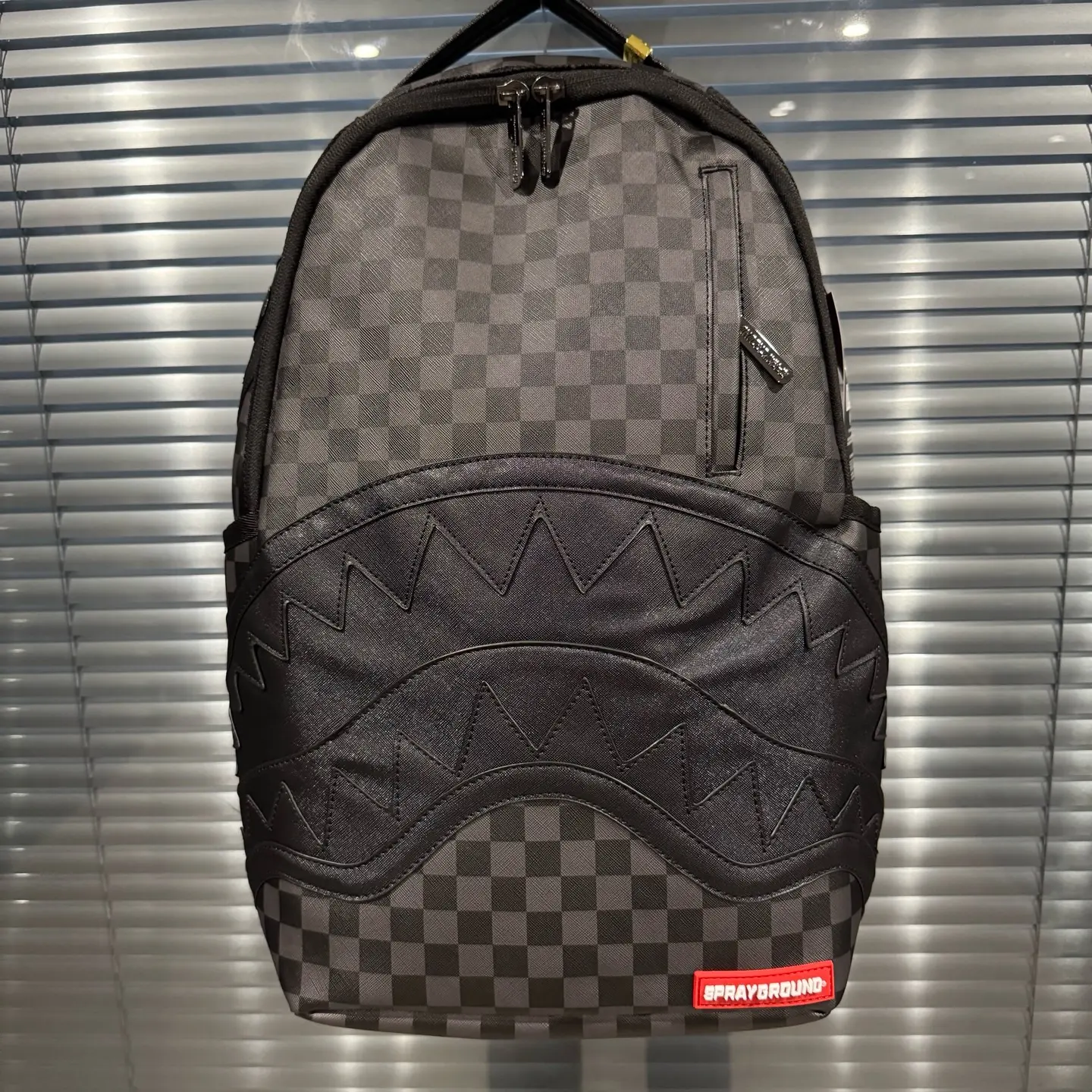SPRAYGROUND SG Black-Grey Checkerboard Embossed Shark Mouth PVC Backpack, Unisex Couple-Style Functional Luggage Bag