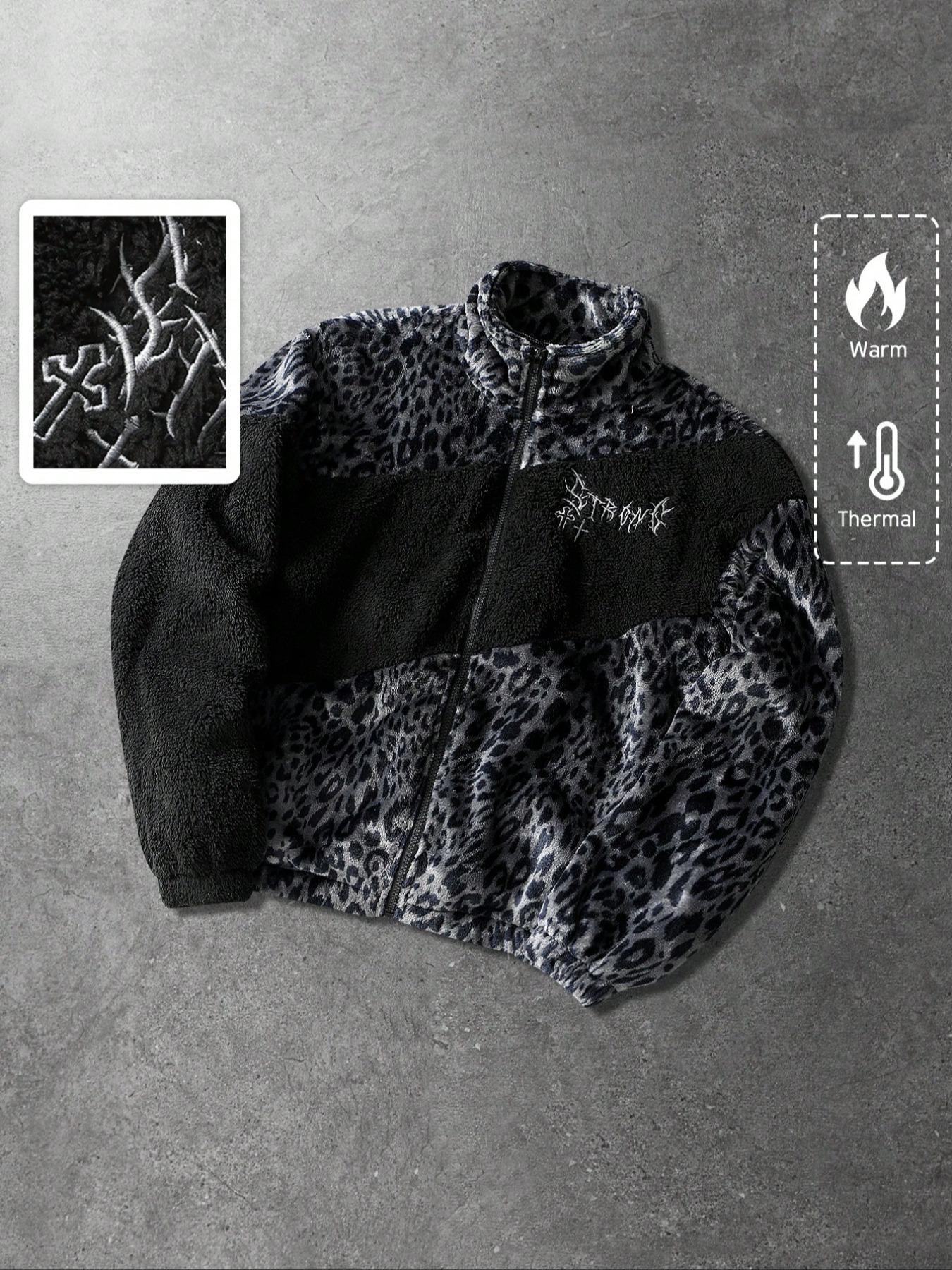 Unisex style, Y2K-inspired, street-style leopard print color-blocked Patchwork fleece-lined winter jacket, suitable for streetwear, Y2K fashion, high-street culture, men's gift, couple's outfit, trendy fashion