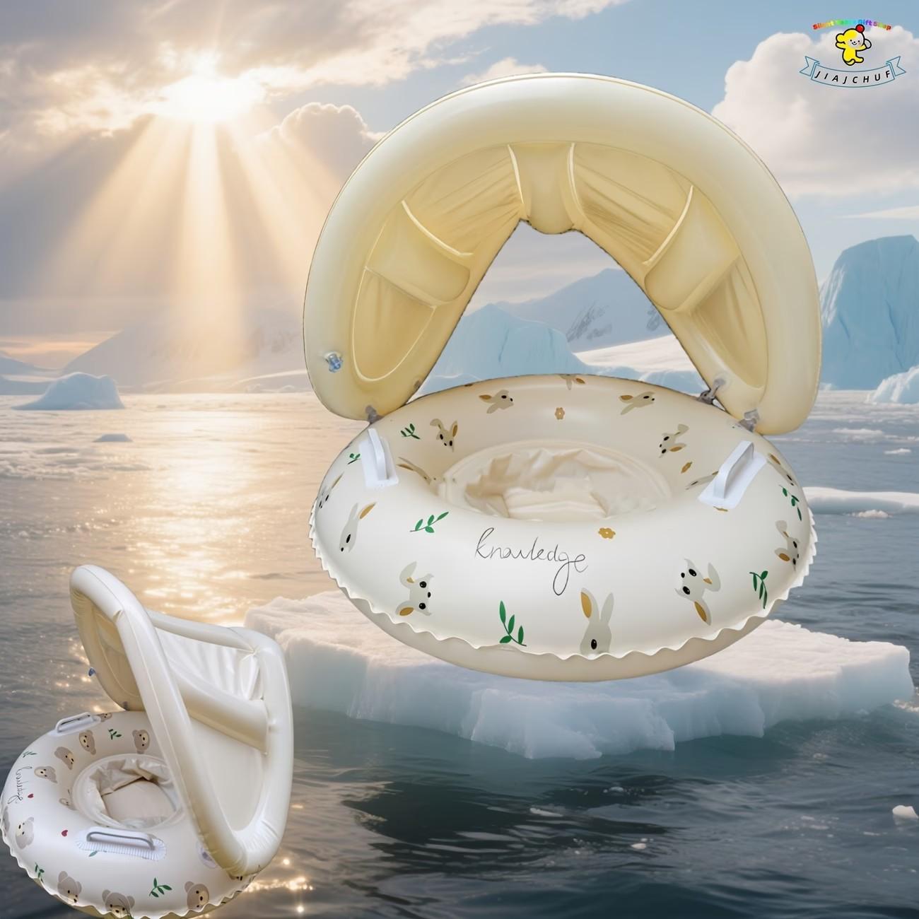 Bear & Rabbit Design Kids Swim Ring with Sun Canopy & Handles, INS Style Cute Inflatable Float, Sunshade Baby Swim Ring & Floating Mat, Perfect for Beach Trips & Pool Parties