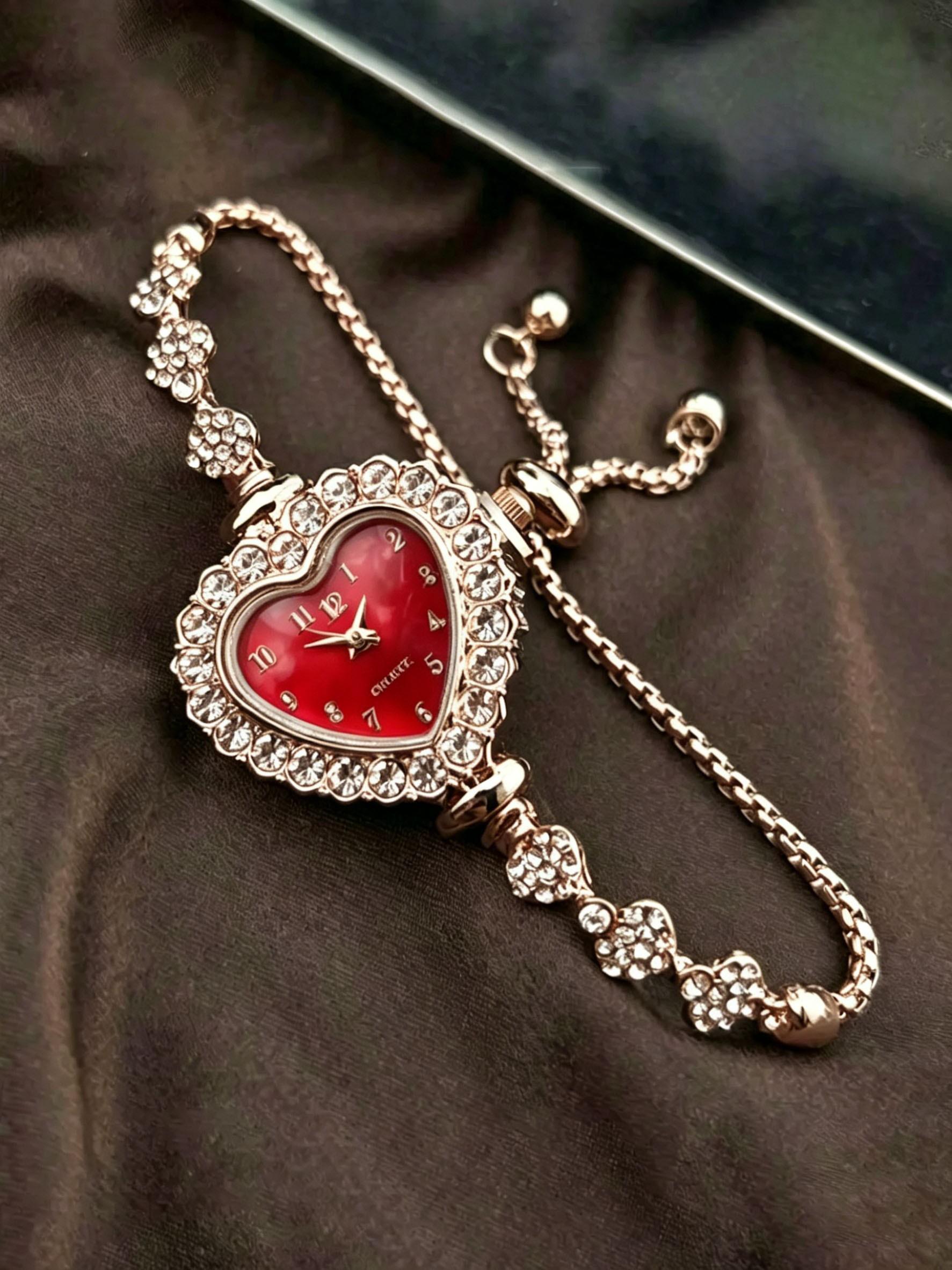 2026 new alloy heart-shaped digital dial watch, Arabic numeral dial, adjustable drawstring strap, quartz watch, diamond decoration, perfect gift for Christmas, Valentine's Day, birthdays and anniversaries, with gift box, Watch gift set