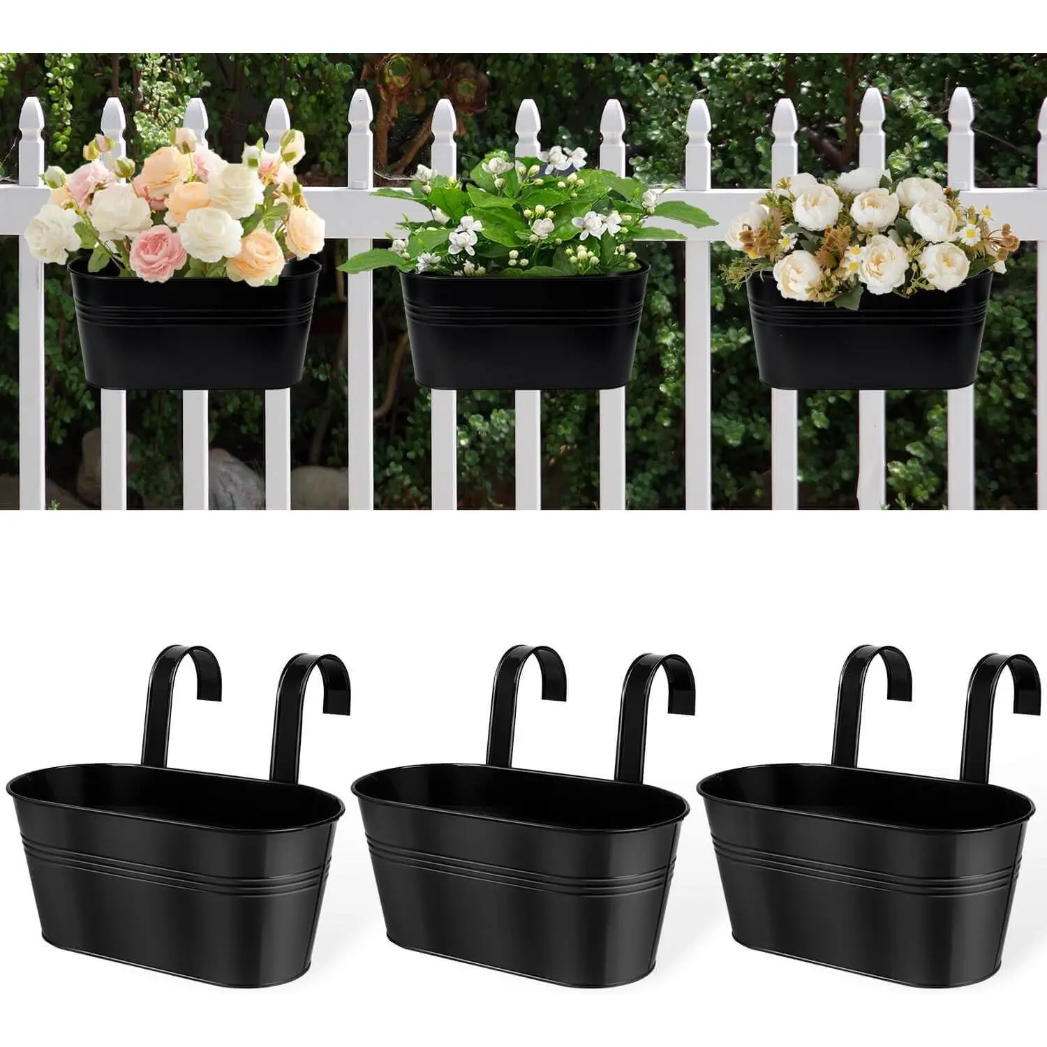 11 Inch Railing Planter Box, 3 Pack Metal Hanging Planters with Detachable Hooks and Drain Holes, perfect for balconies, fences, windows, and outdoor
