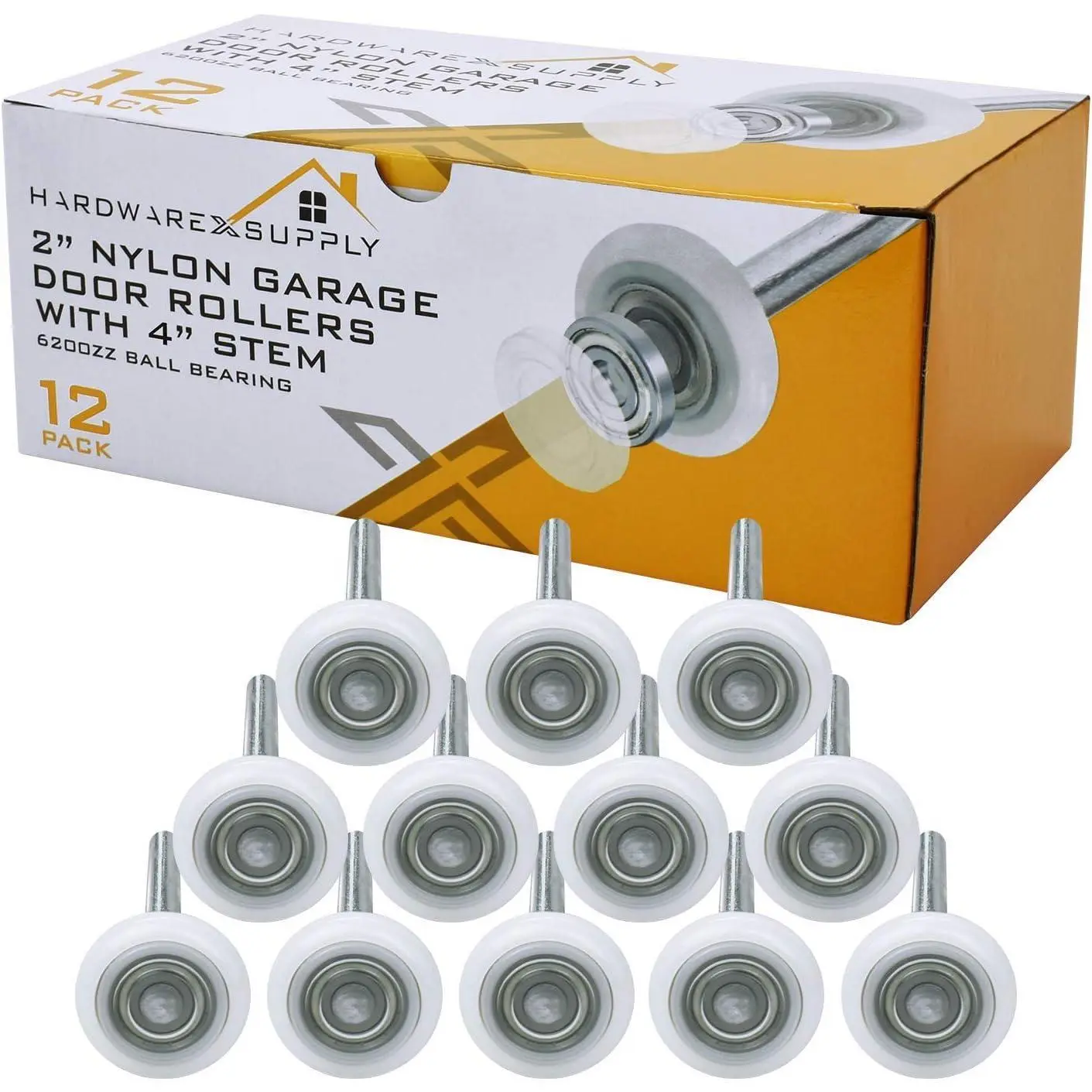 12-Pack 2" Nylon Sealed Garage Door Roller Set, 6200ZZ High-Performance Ball Bearing Rollers with 4" Stems