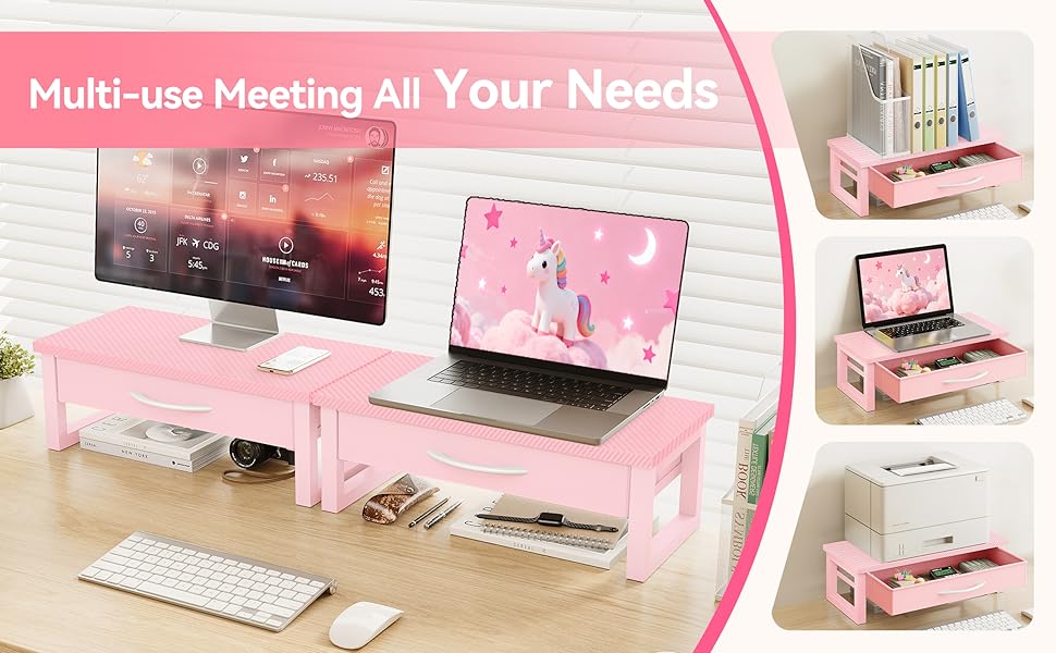 Desk Organizers and Accessories, Computer Monitor Stand Riser with Fabric Drawer, 2-Tier Laptop Stand for Desk, Office Organization Accessories, Pink