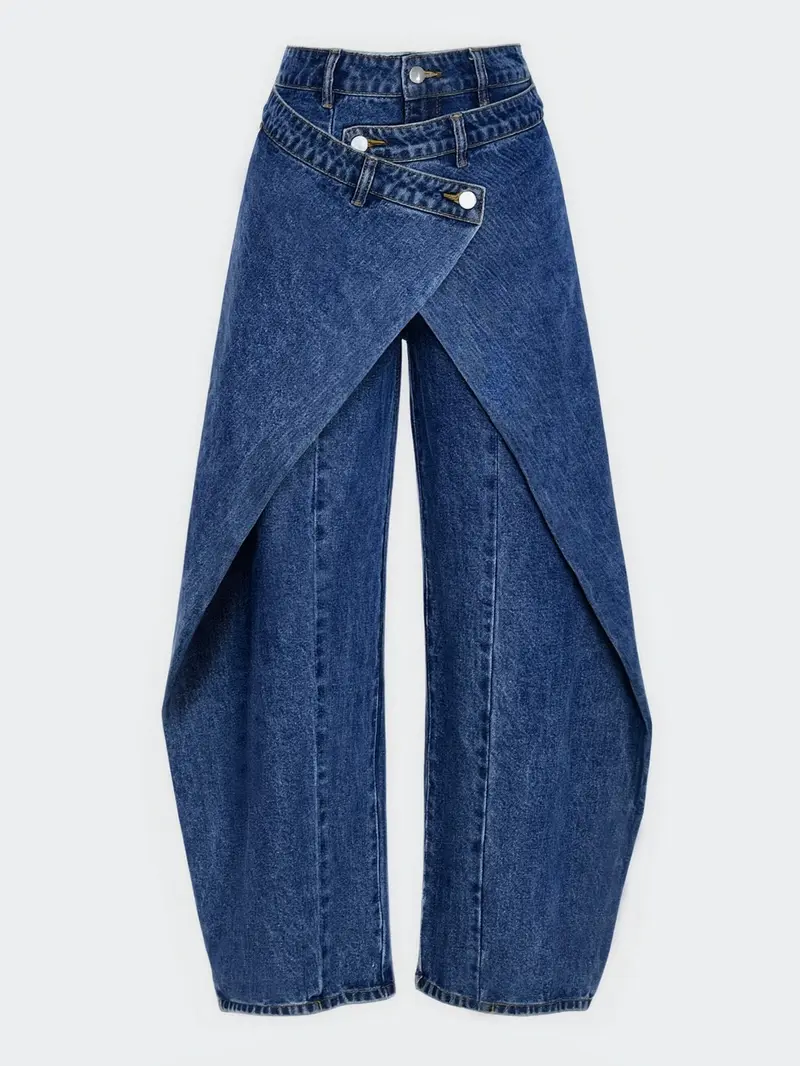 American High Street Retro Blue Women's Fashion Denim Jeans, Trendy Pleated Design, High Waist Wide Leg Pants, Loose Fit, Crossed Waistband, Versatile Style