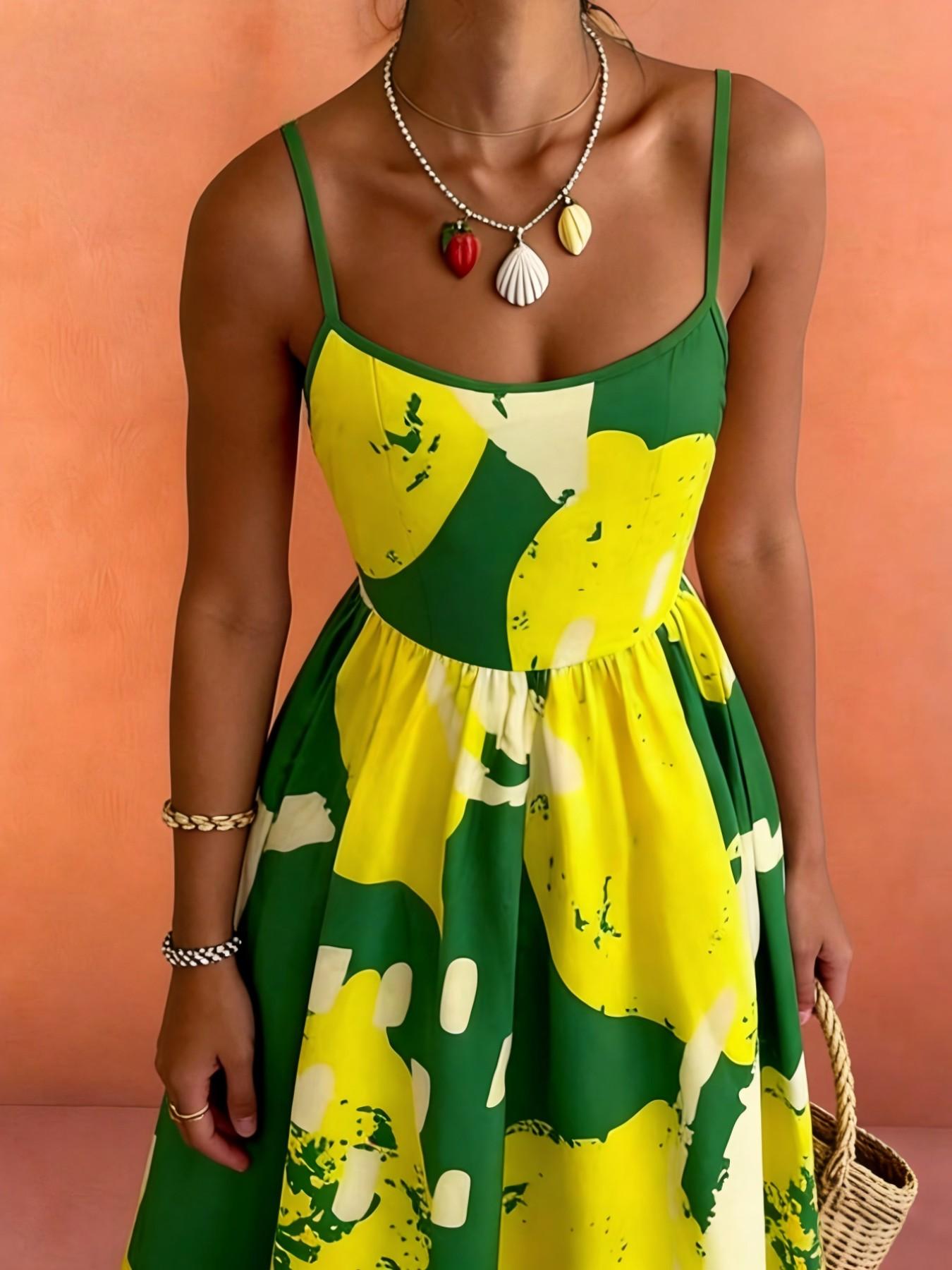 Women's Casual Resort Wear, Spaghetti Strap, Lemon and Banana Fruit Print, Pleated Back Design, Comfortable Beach Dress, Boho Beach Sundress, Boho Summer Clothes, Spring/summer Fashion, Bohemian Summer Dresses, Boho Fashion Dress