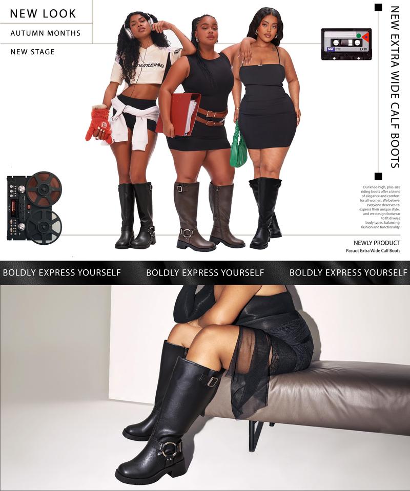 Wide Calf Boots for Women - Knee High Square Toe Wide Width Platform Plus Size Tall Boots with Side Zip, Elastic bands Buckle Chunky Heel Wide Leg Fashion Motorcycle Boot for Spring Fall, Valentine's Gift