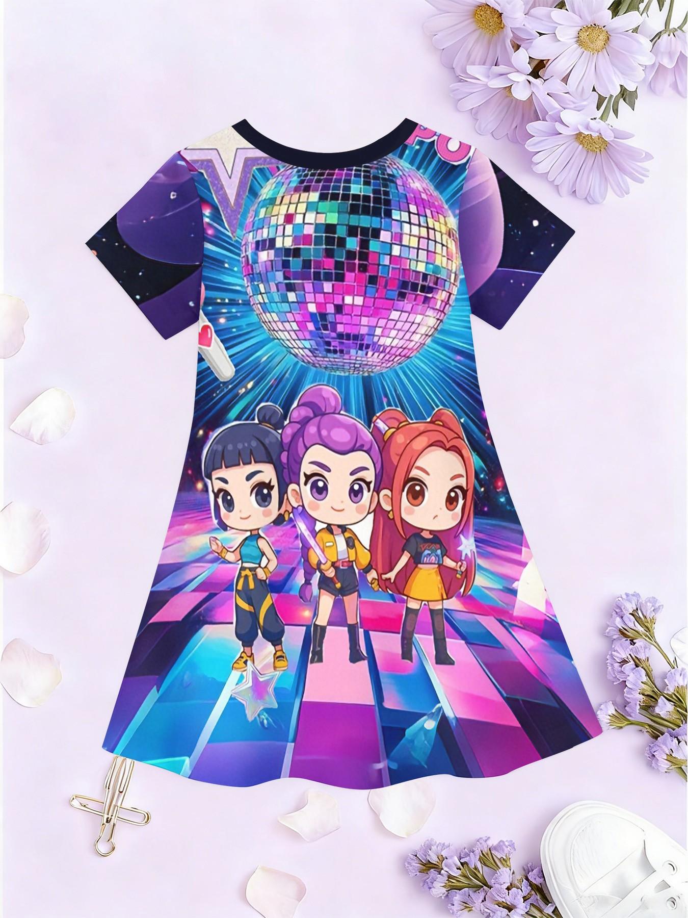 Girls' Witchy Disco Stage Dress, Q Version All-Over Print A-Line Skirt, Fashion Outdoor Wear, Birthday Gift, Festival Gift