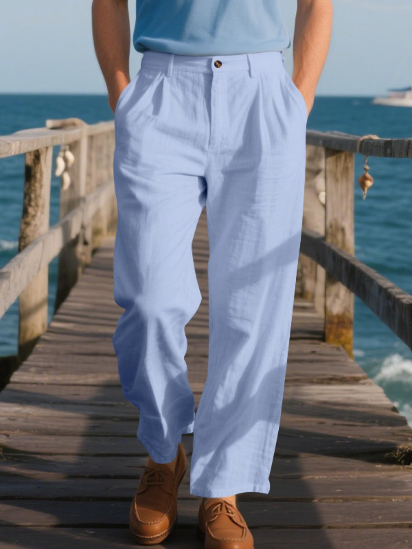 Men's Pleated Linen Breathable Straight Leg Casual Comfy Trouser, Single Button Front, Loose Fit, Relaxed Fit, Beach Vacation, Business, Solid Color, Multicolor