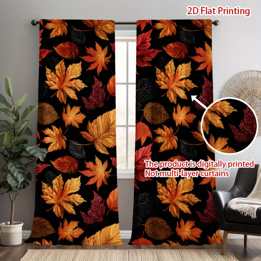2-Piece set, autumn curtains - modern red orange brown leaf black background semi-transparent curtains, suitable for living room, bedroom, kitchen, office home decoration, natural style, seasonal home decoration, room decoration.
