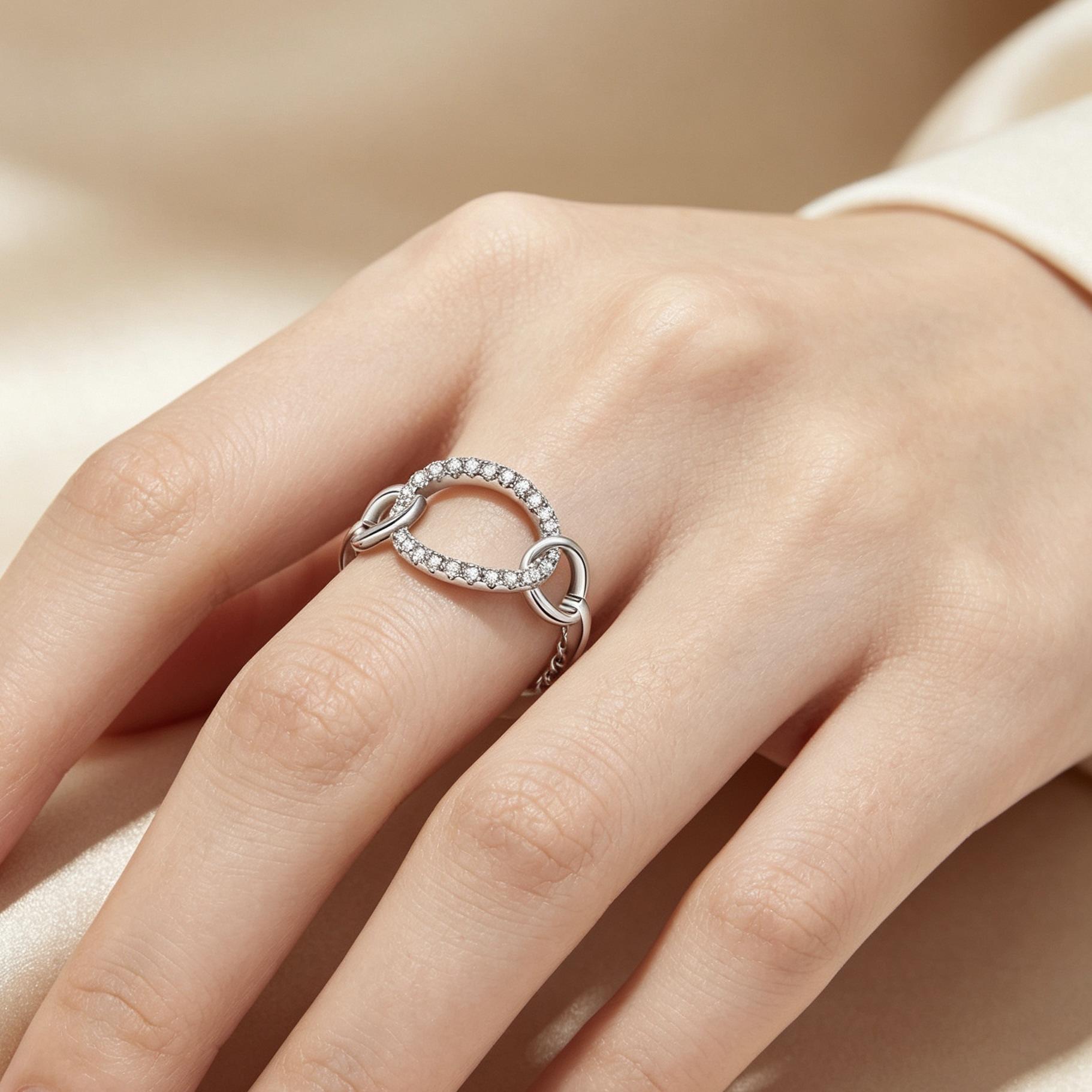 Women's Silver-Plated Copper Open Ring - Interlocking Chain Link, Adjustable, Pave Cubic Zirconia Band with Metal Coating for Daily Wear & Valentine’s Gifting (Indoor Recreation Accessory)