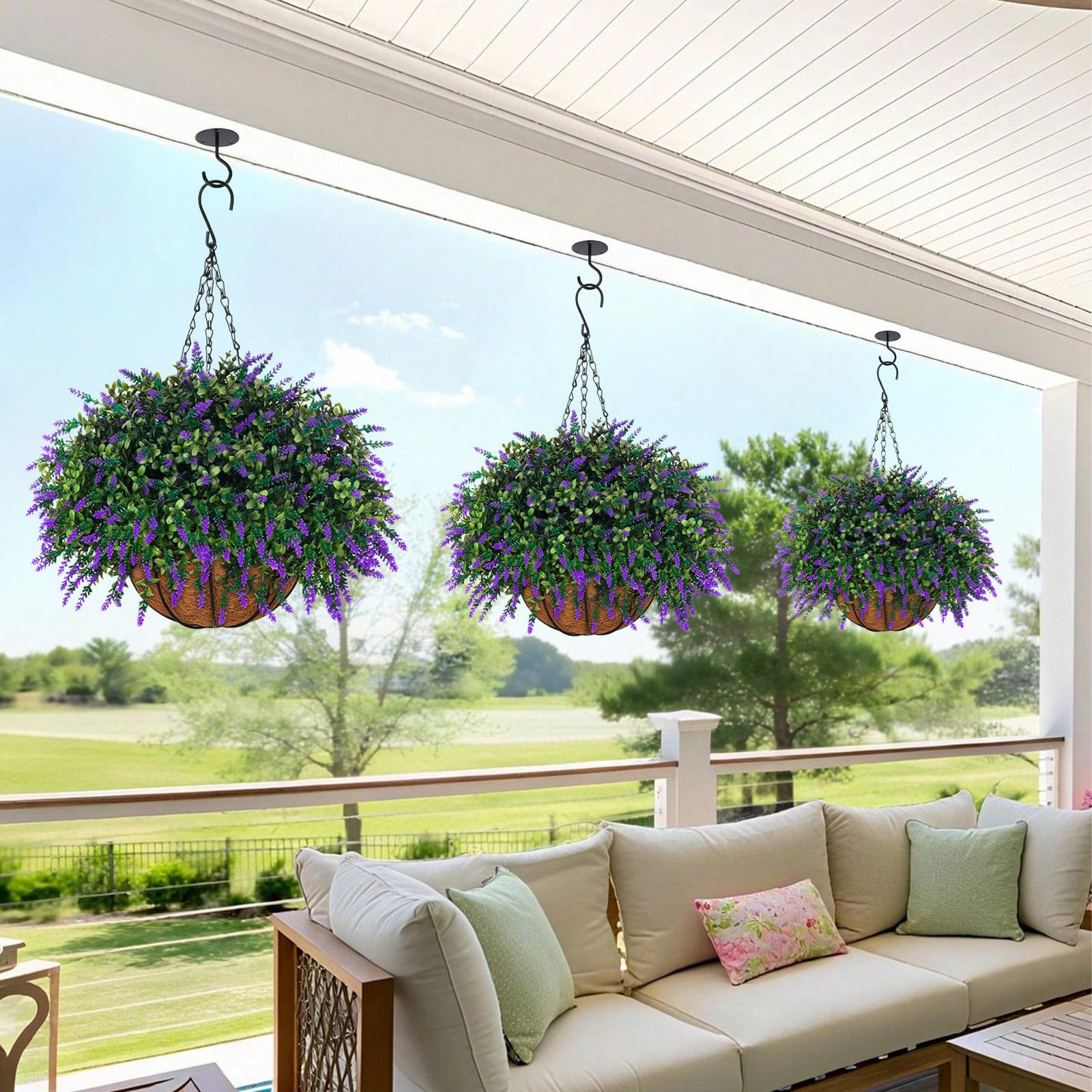 2sets hanging planters for outdoor plants with artificial Decorative flowers,2 coconut fiber hanging baskets, 60 artificial lavender flowers,for Summer and Spring Home Porch, Patio, and Terrace Decoration
